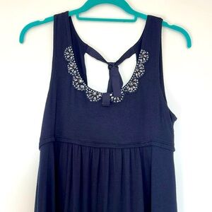 Loft empire waist knee-length rayon dress with bead decoration along neckline.